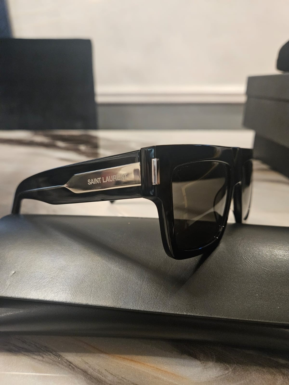 Saint Laurent Glossy Black Shield Sunglasses with Silver Temple Logo